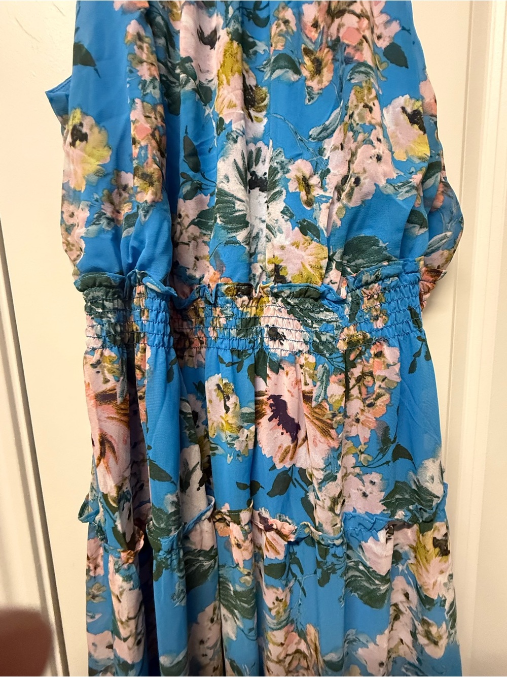Nina Leonard Blue Floral Halter Maxi Dress Size 1X Smocked Waist - Picture 3 of 10